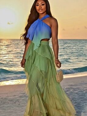 Blue-Green Ombre Halter Maxi Skirt Set